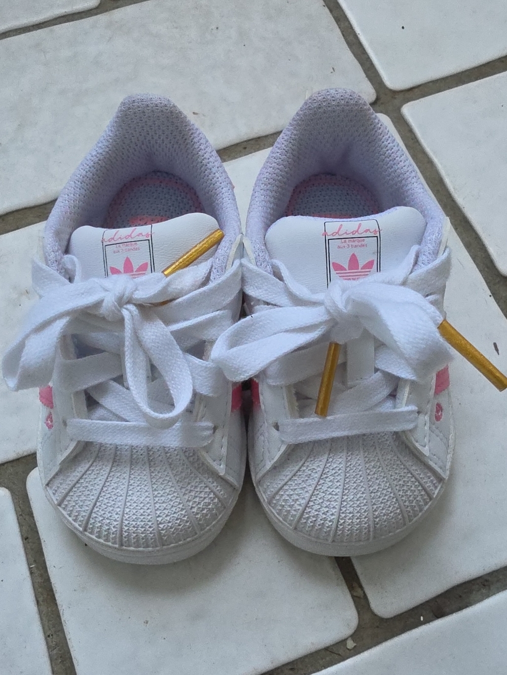 adidas White and Pink Infants Shell-Toe Sneakers with Gold Aglets